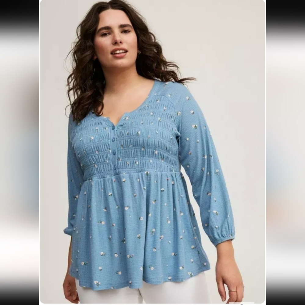 Torrid Light Blue Blouse with Floral Design
